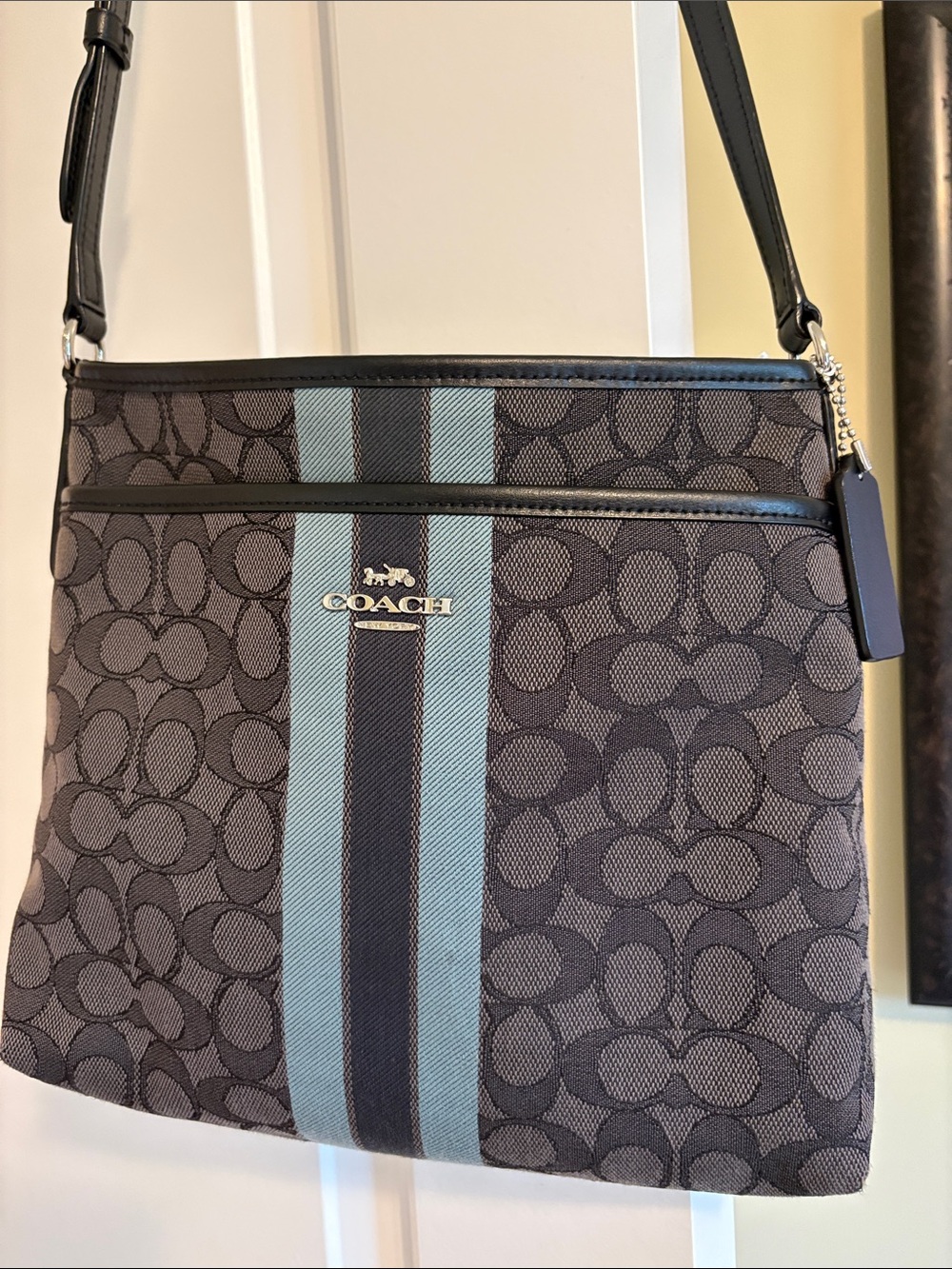 Coach Black Signature Crossbody with Blue Center Stripe